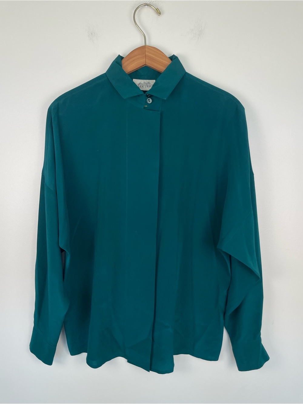 Vintage Ellen Tracy Teal Silk Minimalist Oversized Blouse Quiet Luxury Workwear